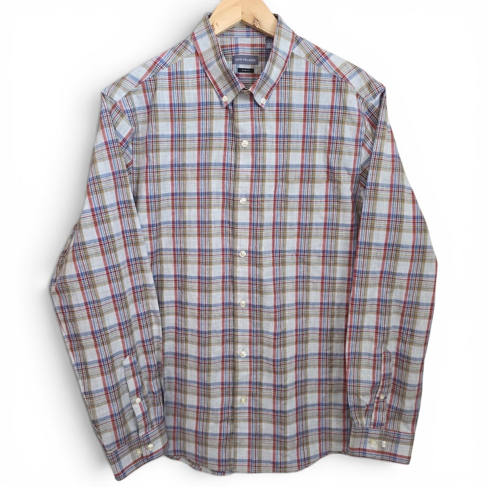 Van Heusen Dress Shirt Mens 16-16.5 Large Gray Plaid Button Down Slim Fit Career